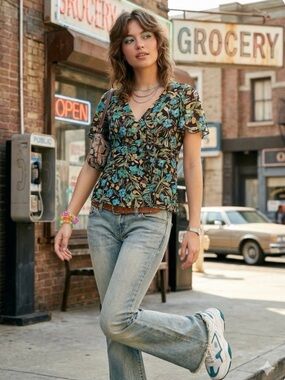 Y2K Babydoll Top Women's Size M Brown Blue Green Gauze Floral Tie Front Sheer